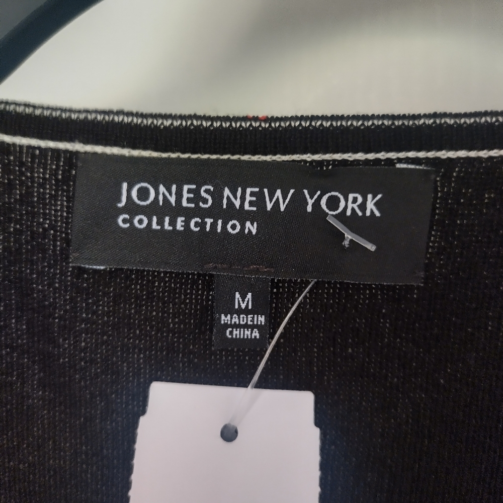 JONES NEW YORK Black Sweater Top White Trim & lined front size M - Picture 3 of 3